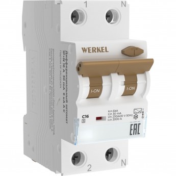Дифференциальный автомат WERKEL W922P166 1P+N 16 A 30 mА 6 kА C A
