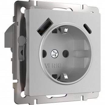 Розетка WERKEL W1171706 с заземлением, шторками и USB тип A+C, серебряный Розетка WERKEL W1171706 с заземлением, шторками и USB тип A+C, серебряный